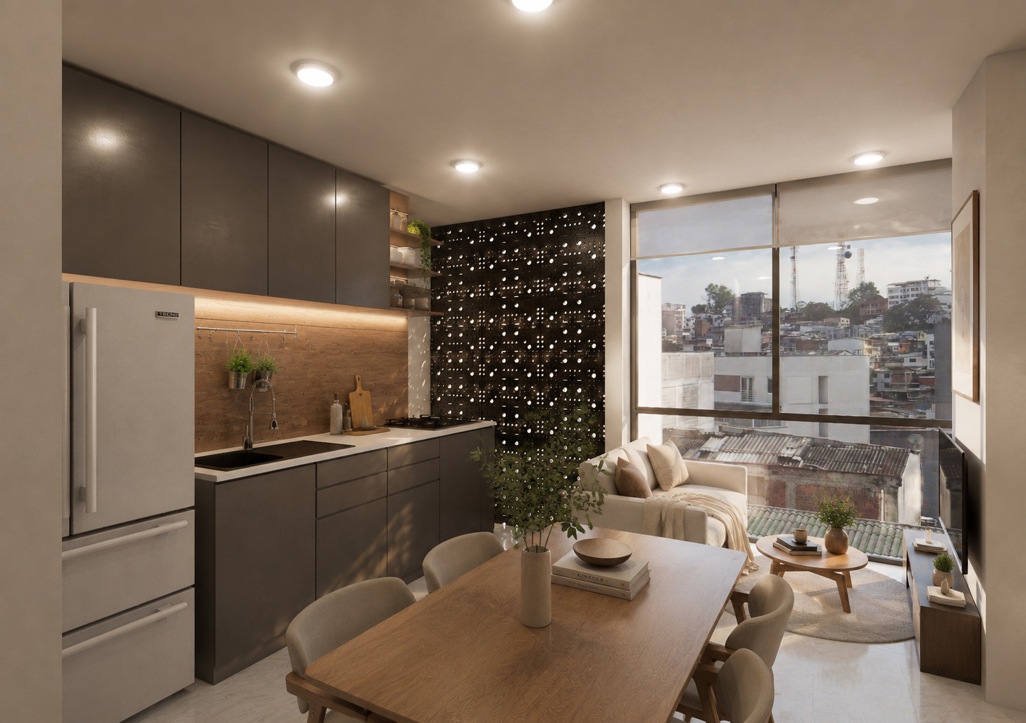 Render de sala comedor del apartamento grande de Miramonte